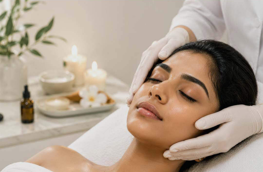 Client receiving a calming facial treatment