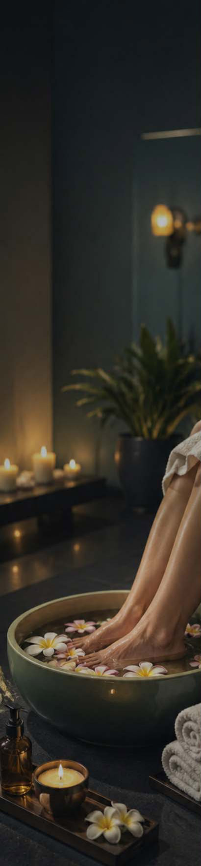 Candle-lit foot spa ritual with floating flowers