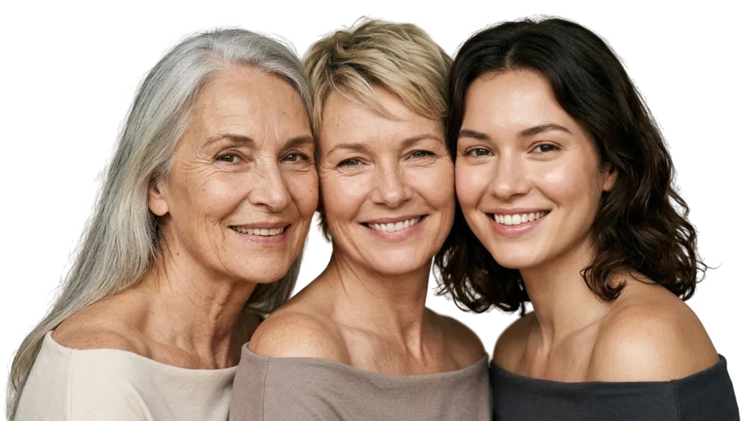 Three women of different ages with silver, blonde and brunette hair, smiling together