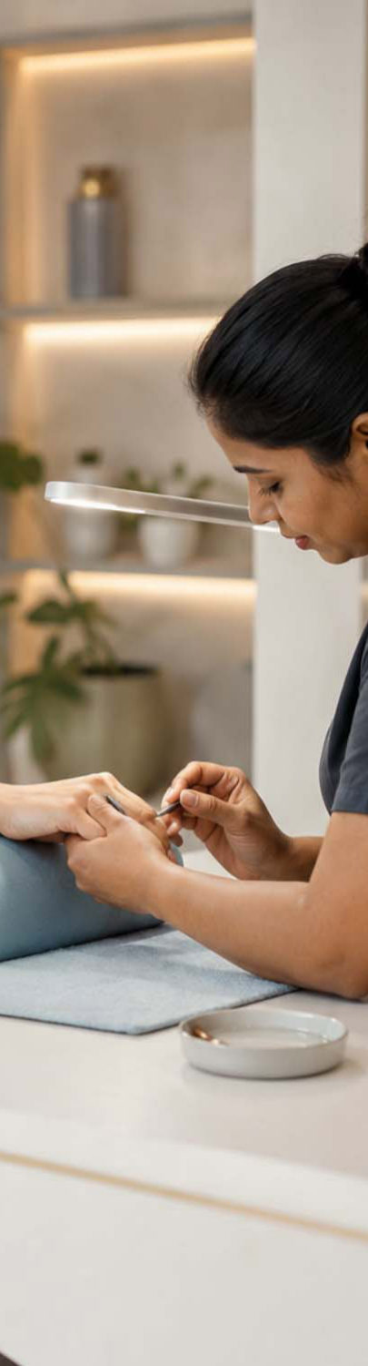 Therapist giving a careful manicure in a bright, calm room