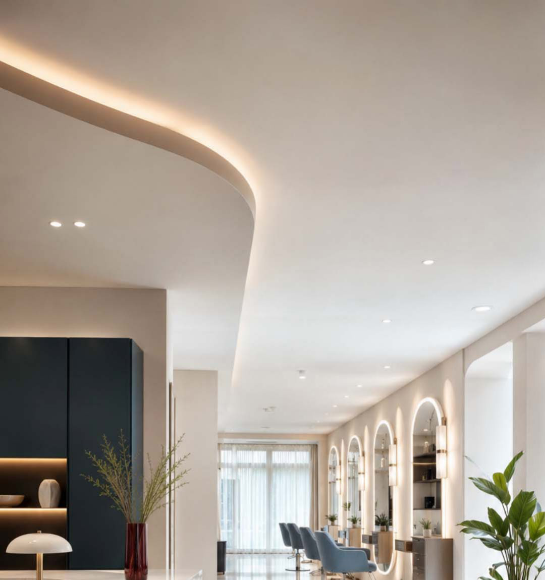 The Solmaic salon: soft curved lighting, arched mirrors and calm neutral tones